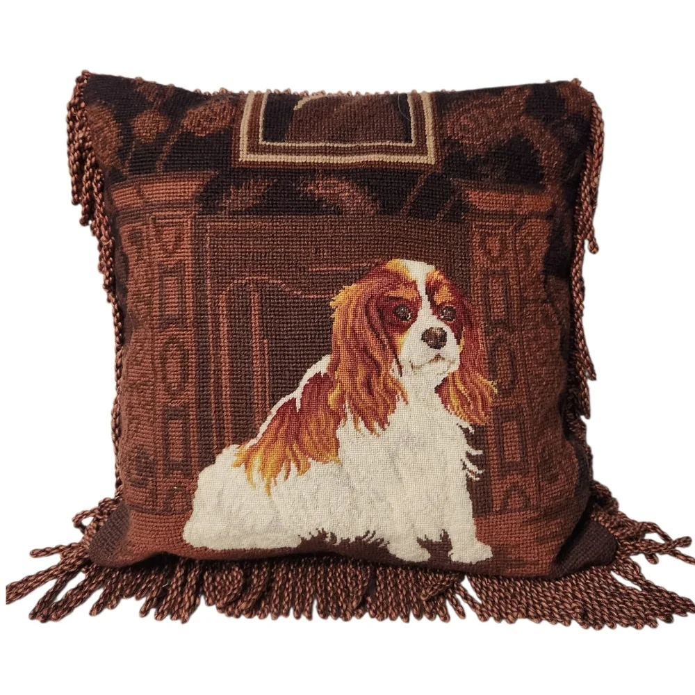 Cavalier King Charles Spaniel Vintage Wool Needlepoint Handmade Pillow 15 x 15